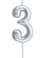 Casey 10cm Silver Numerical Birthday Candle Nr.3 Retail
